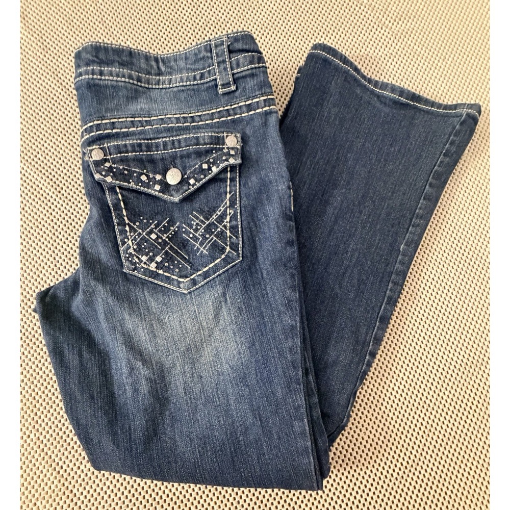 Paisley Sky Jeans Women Sz 14 Low Rise Flare Thick Stitch Embellished Pocket Y2K